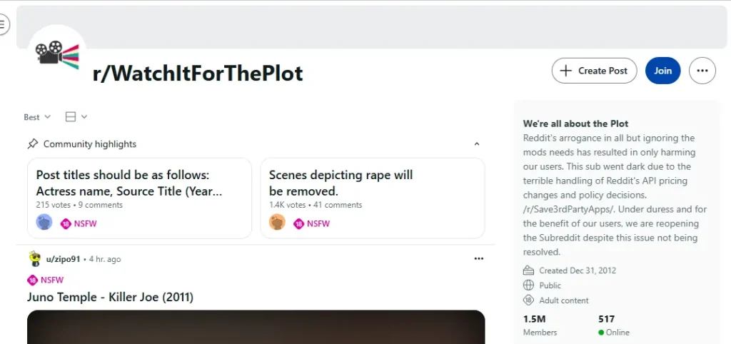 NSFW Subreddit rWatchItForThePlot