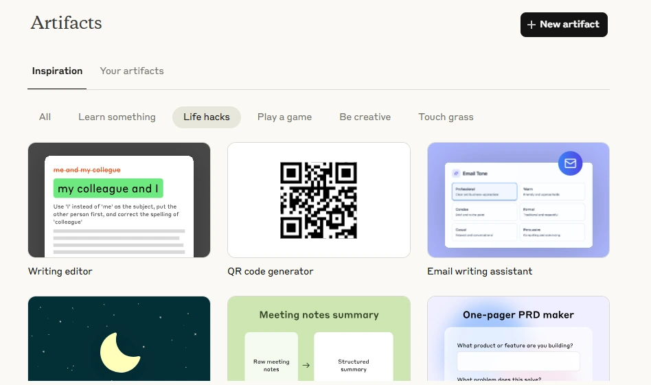 Browse Claude curated artifacts for inspiration