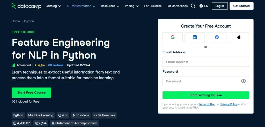 Feature Engineering for NLP in Python (Datacamp)