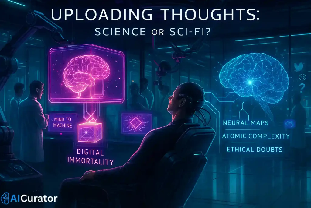 Futuristic lab with brain uploading and Neuralink concept