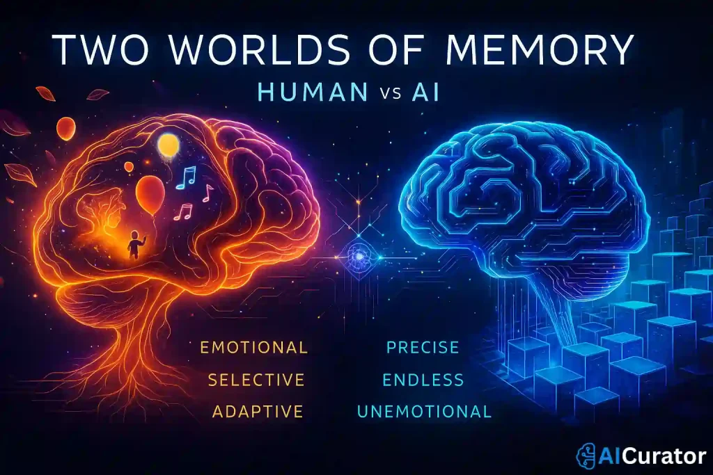 Human brain vs AI memory digital illustration
