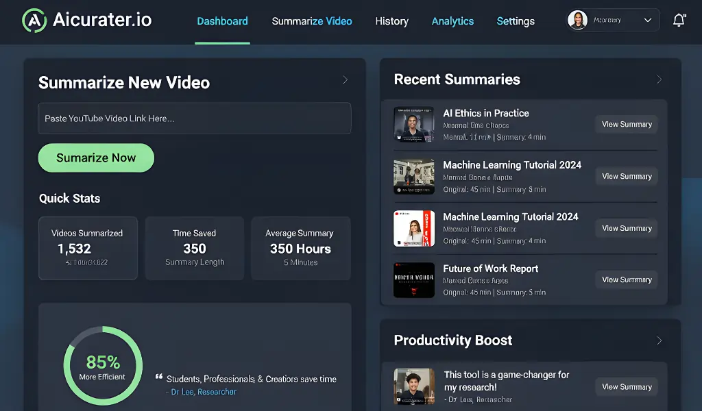 AI YouTube Summarizer Tools (Aicurater.io Insight)